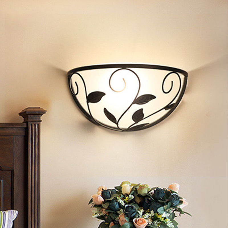 Skørter | Half-Round Cream Glass Wall Lamp Rural 1 Head Flushmount in Black with Rattan Decoration