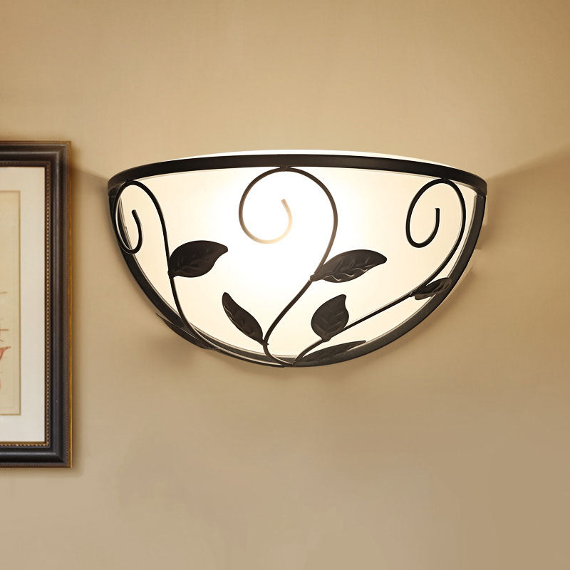 Skørter | Half-Round Cream Glass Wall Lamp Rural 1 Head Flushmount in Black with Rattan Decoration
