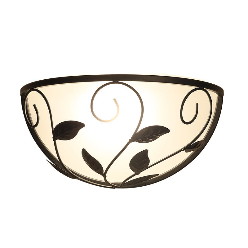 Skørter | Half-Round Cream Glass Wall Lamp Rural 1 Head Flushmount in Black with Rattan Decoration
