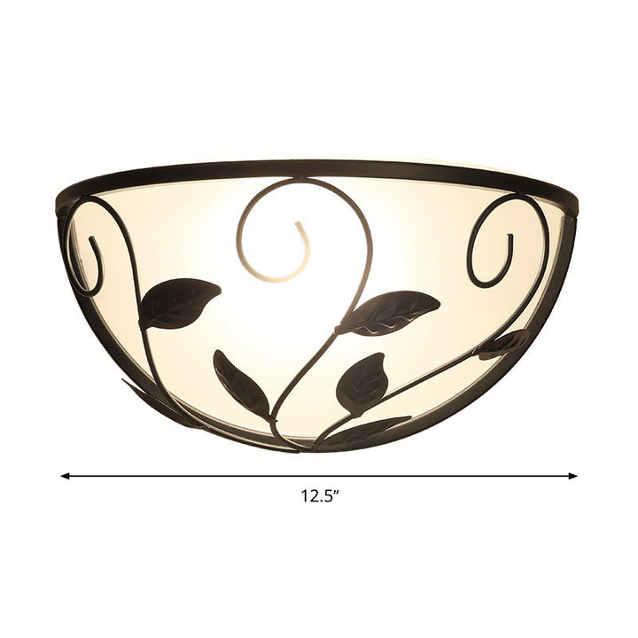 Skørter | Half-Round Cream Glass Wall Lamp Rural 1 Head Flushmount in Black with Rattan Decoration