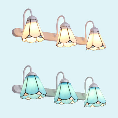 Lisslune | 3 Heads Wall Sconce Light Tiffany Cone White/Blue Glass Vanity Light Fixture for Bathroom