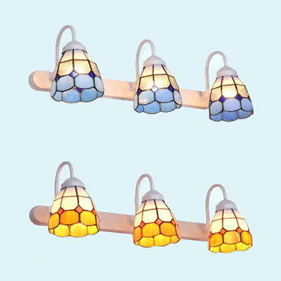 Lisslune | White 3 Heads Wall Light Tiffany Yellow/Blue Glass Frame Pattern Vanity Lighting