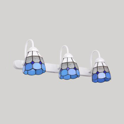 Lisslune | White 3 Heads Wall Light Tiffany Yellow/Blue Glass Frame Pattern Vanity Lighting