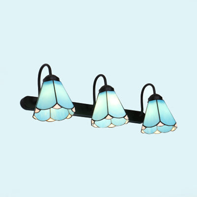 Skørter | 3 Heads Conical Wall Mounted Light Tiffany White/Blue Glass Vanity Light Fixture for Bathroom