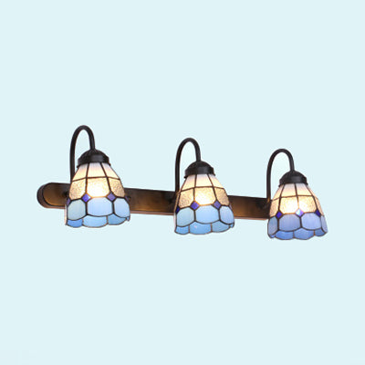 Lisslune | Checkered Pattern Vanity Lighting Tiffany Blue/Yellow Glass 3 Heads Antique Brass Wall-Mounted Lamp