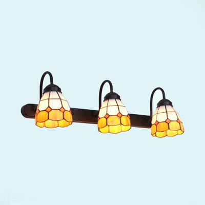 Lisslune | Checkered Pattern Vanity Lighting Tiffany Blue/Yellow Glass 3 Heads Antique Brass Wall-Mounted Lamp