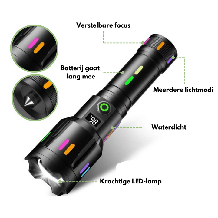 Lisslune | LED Flashlight With Power Display – Rechargeable High-Performance Flashlight With Glass Breaker & USB-C