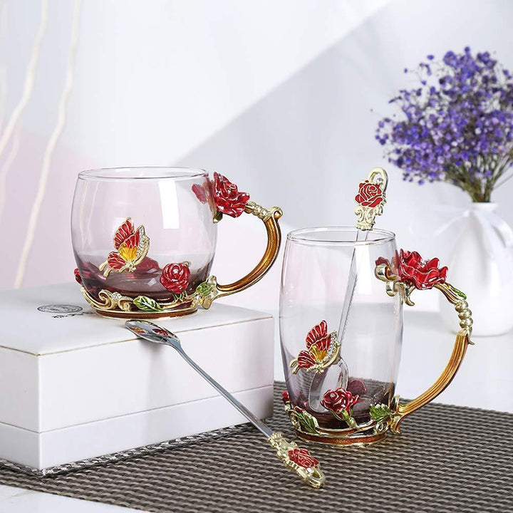 Lisslune | Enamel Rose Glass Tea Cup Set (With Spoon)