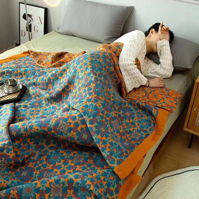 Lisslune | Six-Layer Cotton Blanket with Orange-Blue Pattern