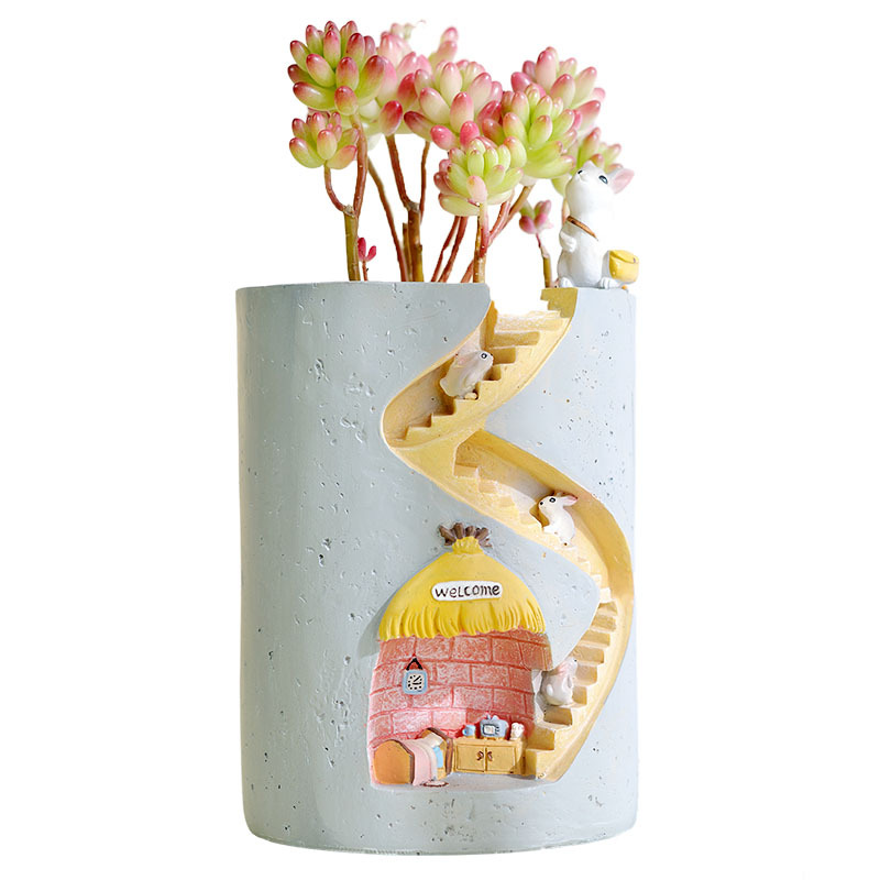 Lisslune | Decorative plant pot with hedgehog and rabbit miniature – Creative staircase design for plants