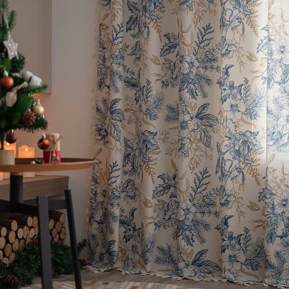 Lisslune | Farmhouse Botanical Blue Floral Curtain