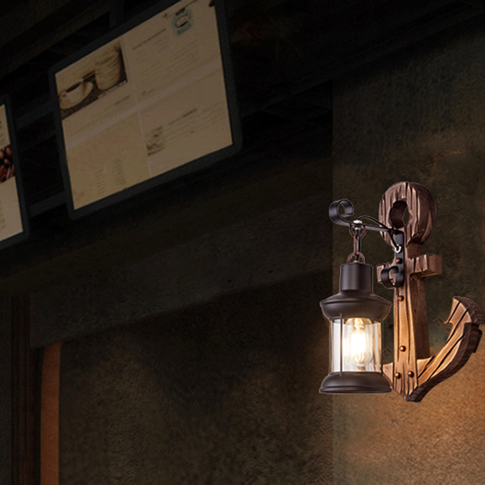 Lisslune | Rustic Wood Anchor Wall Lamp with Lantern