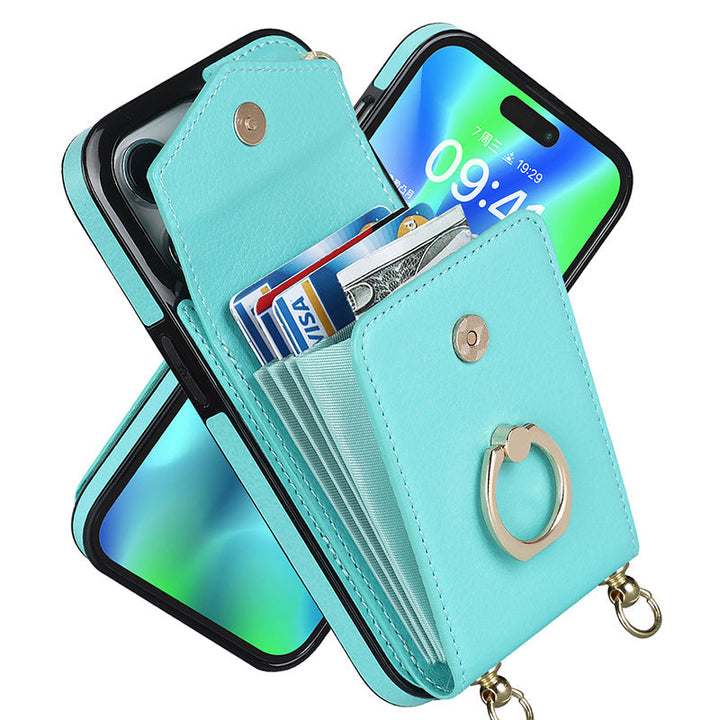 Lisslune | Leather Wallet Case with Ring & Lanyard for iPhone
