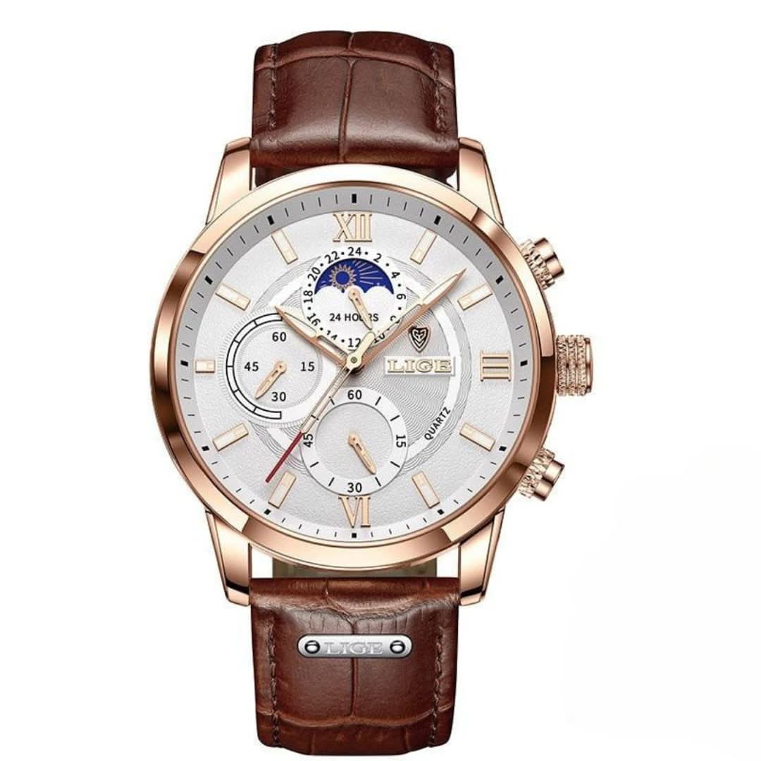 Lisslune | Men’s Stainless Steel Leather Strap Watch with Date