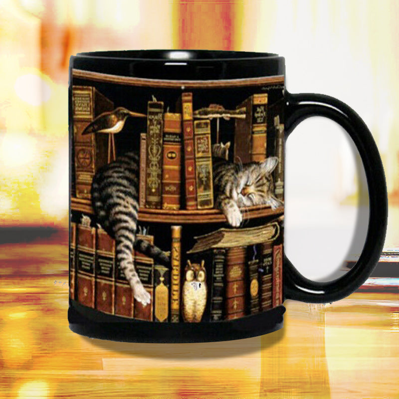Lisslune | Bookshelf Ceramic Coffee Mug - Gift for Cat Book Lovers