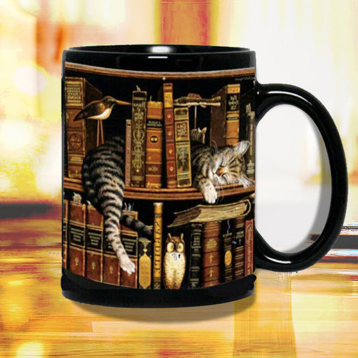 Lisslune | Bookshelf Ceramic Coffee Mug - Gift for Cat Book Lovers