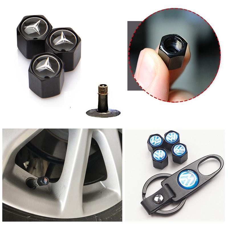 Lisslune | Universal Steel (4 pieces) Car tire valve stem caps cover + (1 piece) keychain