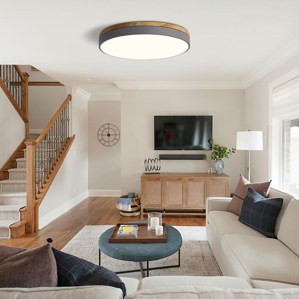 Lisslune | Wooden Round Shape Flush Ceiling Light | LED. Solid Wood & Iron for Living Room. Dining Room & Hallway