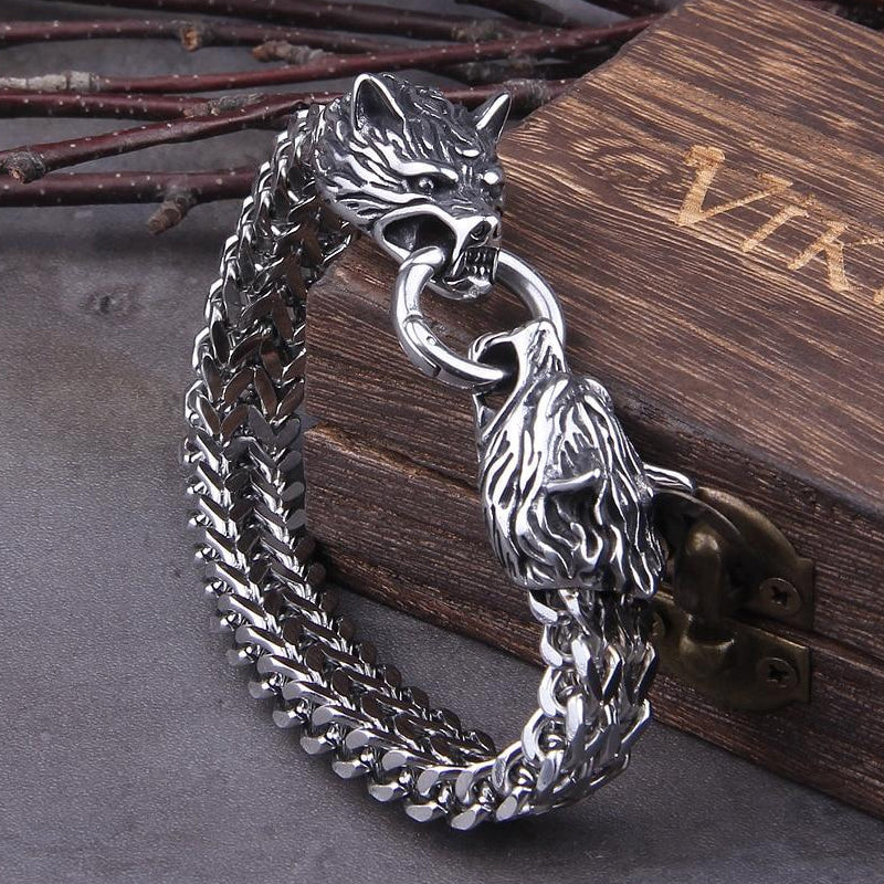 Lisslune | Viking Stainless Steel Double Wolf Head Fenrir Bracelet