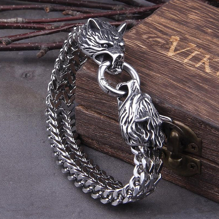 Lisslune | Viking Stainless Steel Double Wolf Head Fenrir Bracelet