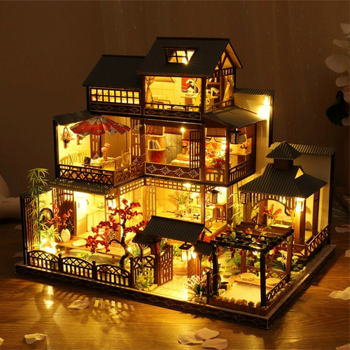 Lisslune | Large Realistic Wooden Dollhouse with LED Lights | DIY Miniature Playhouse
