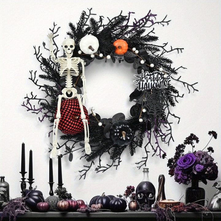 Lisslune | Halloween Door Wreath with Skeleton and Pumpkin – Atmospheric Seasonal Decoration