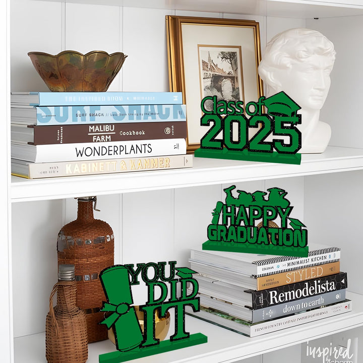 4 Piece Black and Gold Graduation Decorations Class of 2025 Congratulations Graduate Wood Table Centerpieces Graduate Table Decor Congratulations Tiered Shelf Decor for 2025 Graduation Decorations