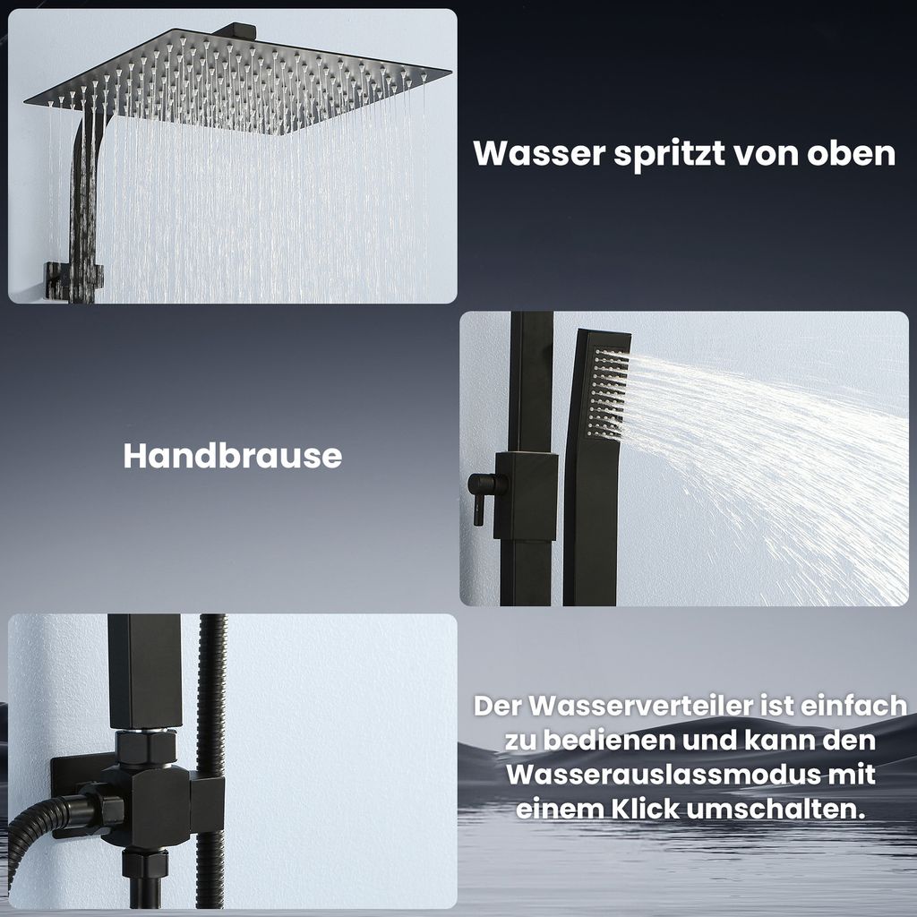 Lisslune | Rain shower without fitting Black shower system without thermostat Shower set Square Stainless steel head shower 30x30CM
