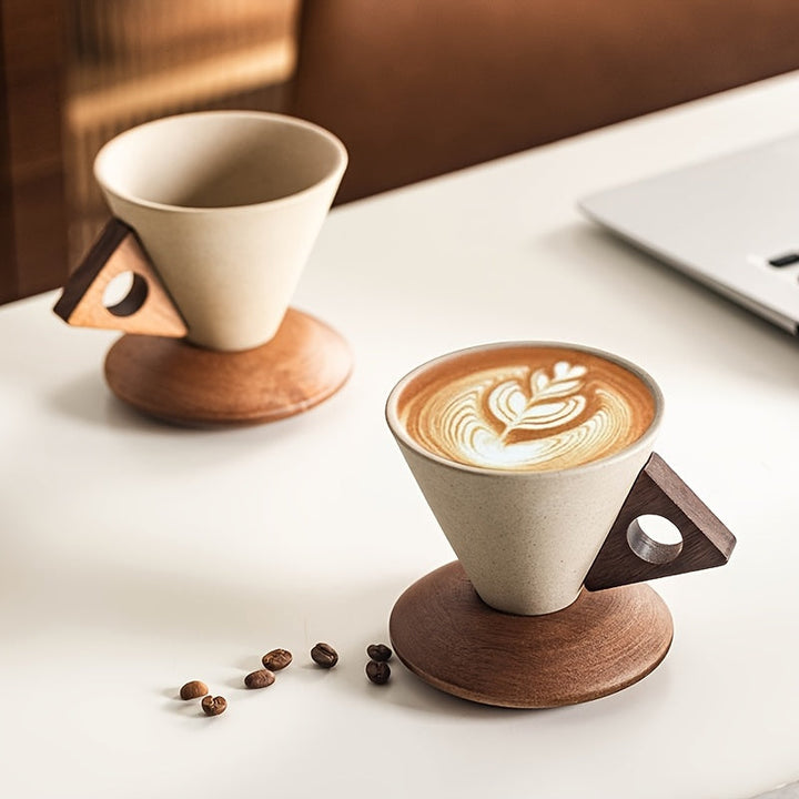 Lisslune | BaristaLuxe Ceramic Coffee Cup 250ml – Handmade with Wooden Handle and Coaster