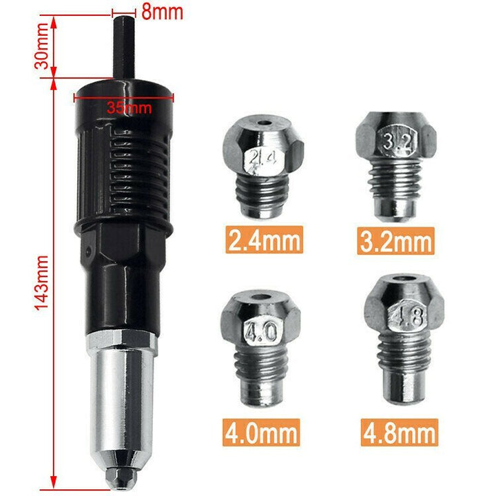 Lisslune | Professional Rivet Gun Adapter Kit With 4Pcs Different Matching Nozzle Bolts
