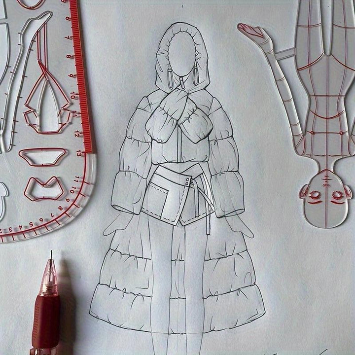 Lisslune | Clear Fashion Illustration Ruler Set with Template for Dress Forms for Designing for Students and Sketching BJD Doll Outfits