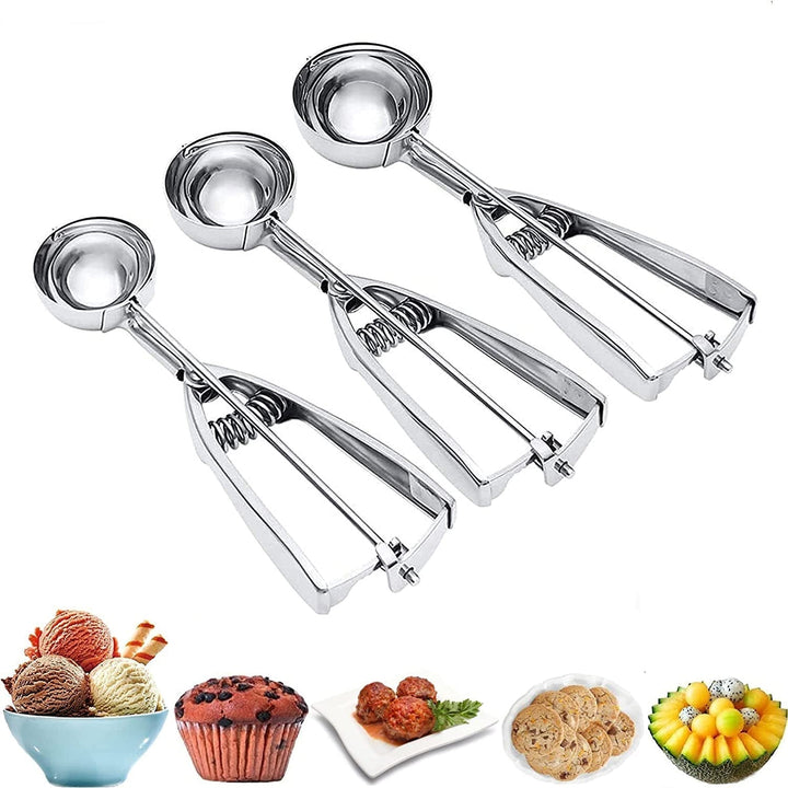 Lisslune | 3-Piece Set: Stainless Steel Cookie Scooper with Trigger