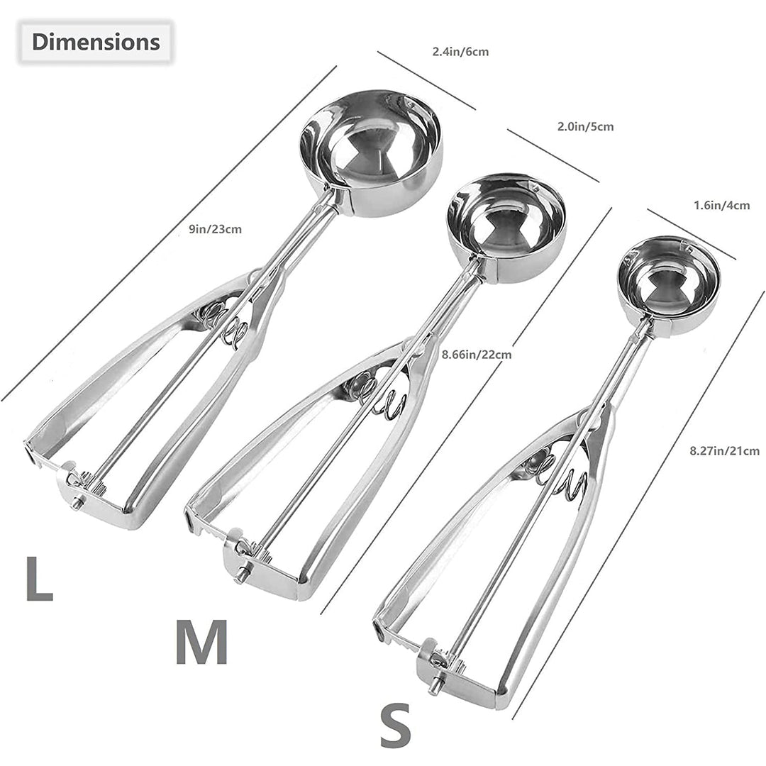 Lisslune | 3-Piece Set: Stainless Steel Cookie Scooper with Trigger