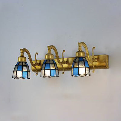 Lisslune | Stained Glass Dome Wall Lighting with Square/Bluetooth Square Pattern and Linear Backplate Vintage Retro 3 Light Scone Lighting in Copper/Antique Brass/Brass