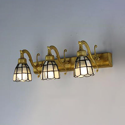 Lisslune | Stained Glass Dome Wall Lighting with Square/Bluetooth Square Pattern and Linear Backplate Vintage Retro 3 Light Scone Lighting in Copper/Antique Brass/Brass