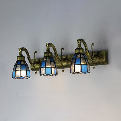 Lisslune | Stained Glass Dome Wall Lighting with Square/Bluetooth Square Pattern and Linear Backplate Vintage Retro 3 Light Scone Lighting in Copper/Antique Brass/Brass