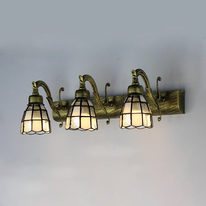 Lisslune | Stained Glass Dome Wall Lighting with Square/Bluetooth Square Pattern and Linear Backplate Vintage Retro 3 Light Scone Lighting in Copper/Antique Brass/Brass