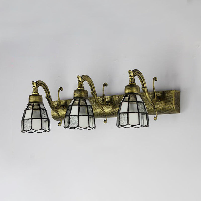 Lisslune | Stained Glass Dome Wall Lighting with Square/Bluetooth Square Pattern and Linear Backplate Vintage Retro 3 Light Scone Lighting in Copper/Antique Brass/Brass