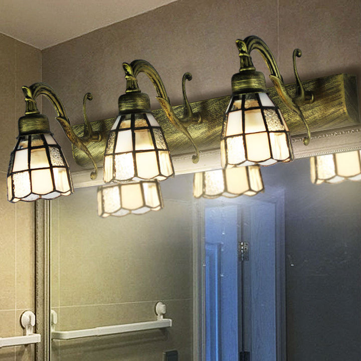 Lisslune | Stained Glass Dome Wall Lighting with Square/Bluetooth Square Pattern and Linear Backplate Vintage Retro 3 Light Scone Lighting in Copper/Antique Brass/Brass