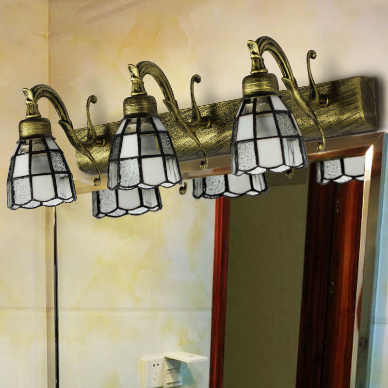Lisslune | Stained Glass Dome Wall Lighting with Square/Bluetooth Square Pattern and Linear Backplate Vintage Retro 3 Light Scone Lighting in Copper/Antique Brass/Brass