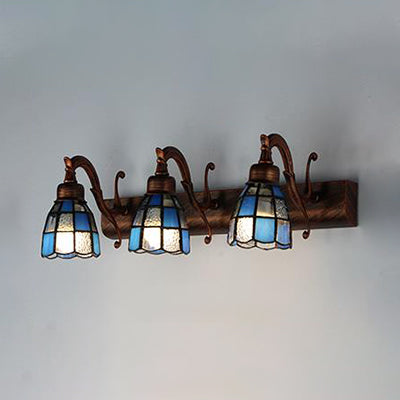 Lisslune | Stained Glass Dome Wall Lighting with Square/Bluetooth Square Pattern and Linear Backplate Vintage Retro 3 Light Scone Lighting in Copper/Antique Brass/Brass