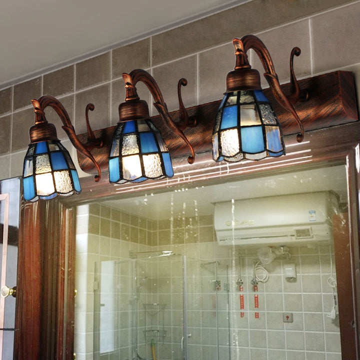 Lisslune | Stained Glass Dome Wall Lighting with Square/Bluetooth Square Pattern and Linear Backplate Vintage Retro 3 Light Scone Lighting in Copper/Antique Brass/Brass