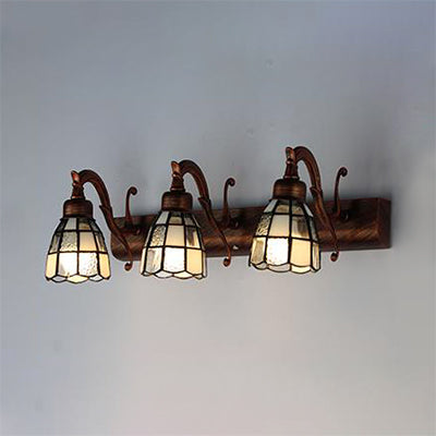 Lisslune | Stained Glass Dome Wall Lighting with Square/Bluetooth Square Pattern and Linear Backplate Vintage Retro 3 Light Scone Lighting in Copper/Antique Brass/Brass