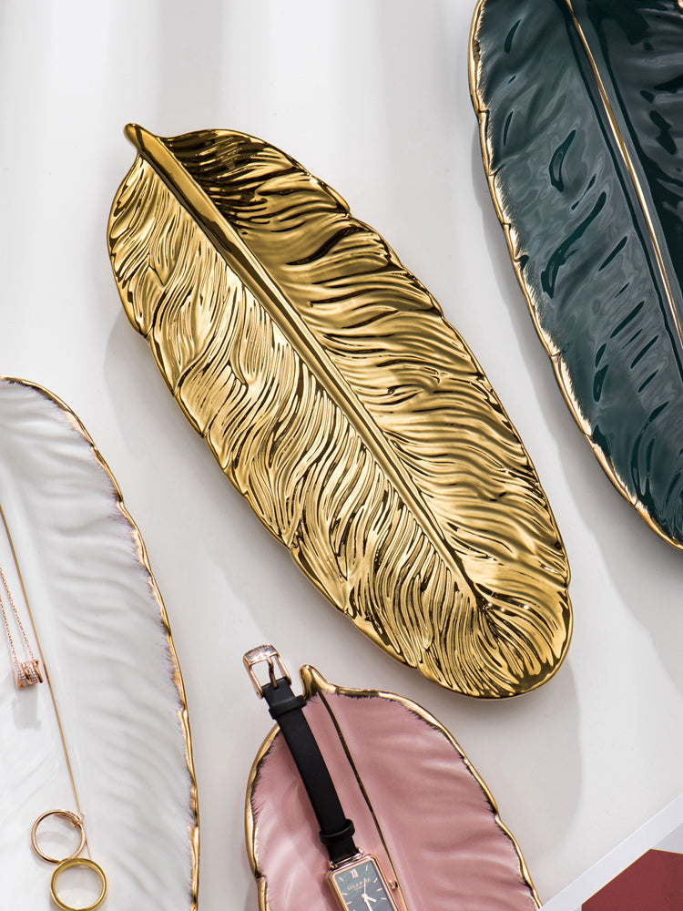 Lisslune | Nordic Light Luxury Style on Golden Feather Plate Retro Jewelry Plate Storage Plate Snack Plate Home Decor
