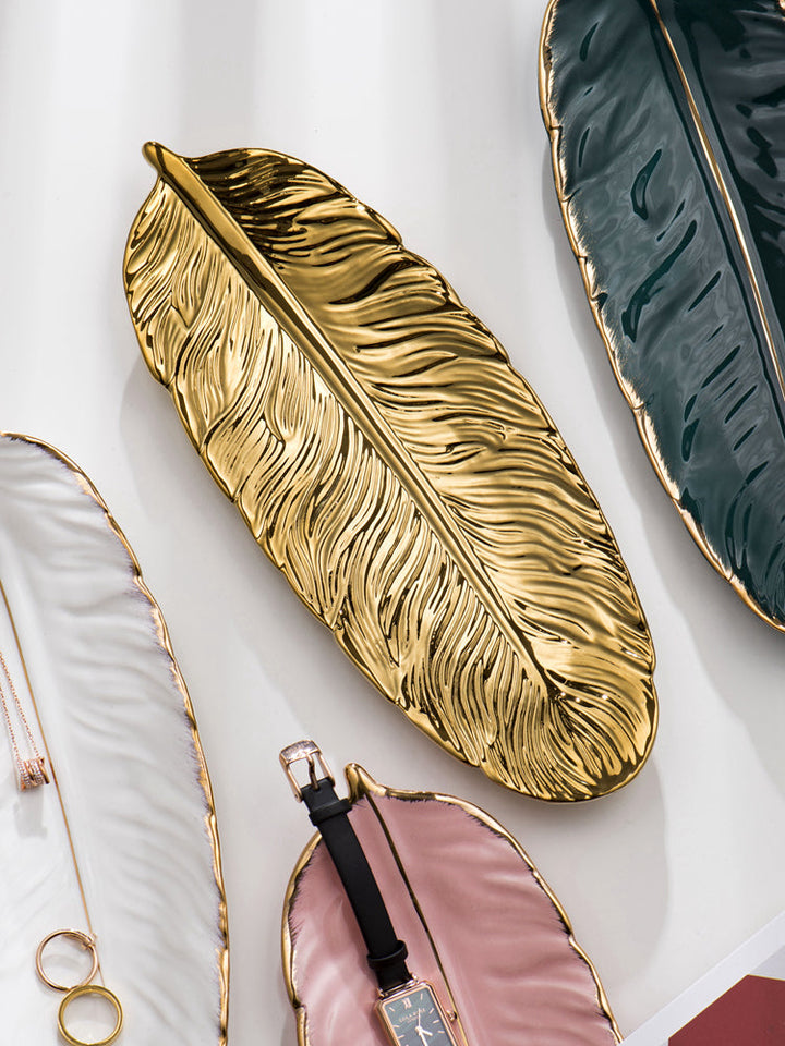 Lisslune | Nordic Light Luxury Style on Golden Feather Plate Retro Jewelry Plate Storage Plate Snack Plate Home Decor