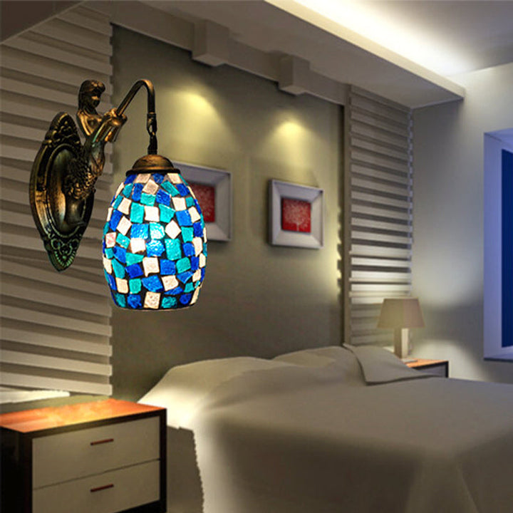 Lisslune | Dome Vanity Lamp 1 Light Silver/Red/Yellow Stained Glass Mediterranean Style Wall Light for Bathroom