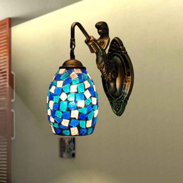 Lisslune | Dome Vanity Lamp 1 Light Silver/Red/Yellow Stained Glass Mediterranean Style Wall Light for Bathroom