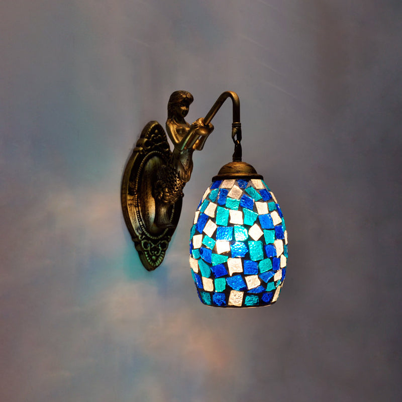 Lisslune | Dome Vanity Lamp 1 Light Silver/Red/Yellow Stained Glass Mediterranean Style Wall Light for Bathroom