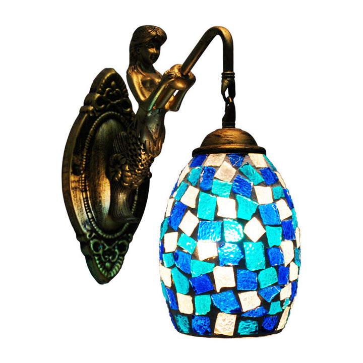 Lisslune | Dome Vanity Lamp 1 Light Silver/Red/Yellow Stained Glass Mediterranean Style Wall Light for Bathroom