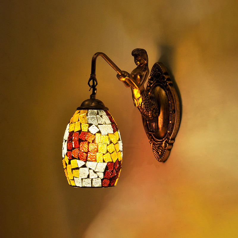 Lisslune | Dome Vanity Lamp 1 Light Silver/Red/Yellow Stained Glass Mediterranean Style Wall Light for Bathroom